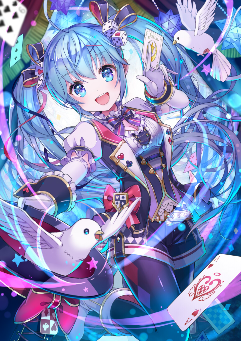 1girl argyle argyle_legwear bird card clubs_(playing_card) diamonds_(playing_card) dice_hair_ornament dove gloves hair_ornament hat hatsune_miku heart hearts_(playing_card) highres looking_at_viewer magic_trick playing_card prism ribbon shiori_(xxxsi) shorts smile spades_(playing_card) star tagme twintails vocaloid white_gloves