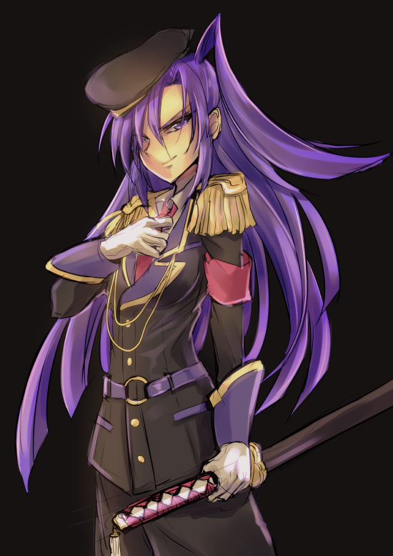 aiguillette armband black_background copyright_request cosplay_request epaulettes gloves hair_between_eyes hair_over_one_eye katana kazanari_tsubasa kouji_(kari) long_hair military military_uniform necktie purple_hair senki_zesshou_symphogear side_ponytail smile smug sword uniform violet_eyes weapon white_gloves