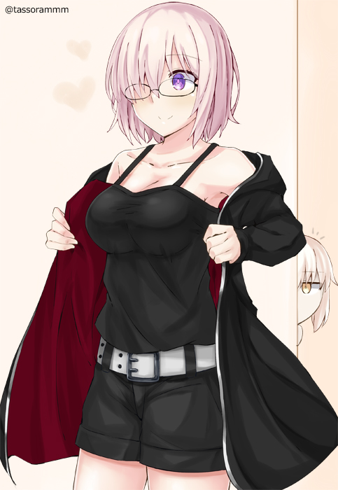 /\/\/\ bare_shoulders belt belt_buckle black-framed_eyewear black_jacket black_shorts blonde_hair blush breasts buckle chibi cleavage closed_mouth collarbone commentary_request cosplay cowboy_shot eyebrows_visible_through_hair fate/grand_order fate_(series) glasses hair_over_one_eye indoors jacket jitome long_sleeves looking_afar looking_away medium_breasts open_clothes open_jacket orange_eyes peeking_out pink_hair saber saber_alter saber_alter_(cosplay) shielder_(fate/grand_order) short_hair shorts smile solo_focus standing tank_top tareme tasora twitter_username undressing violet_eyes