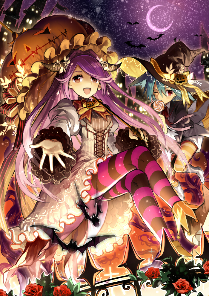 2girls :d black_legwear blue_hair blush brown_eyes candy crescent_moon fence food frills hair_intakes halloween hat jack-o'-lantern legs_crossed lollipop long_hair looking_at_viewer moon mouth_hold multiple_girls open_mouth orange_legwear original outdoors outstretched_hand purple_hair purple_legwear shirako_miso sidelocks sitting smile striped striped_legwear teeth violet_eyes witch_hat