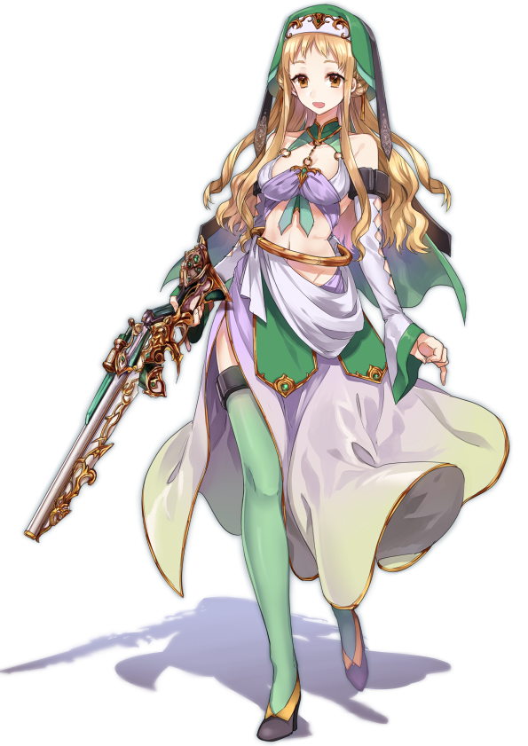 1girl antique_firearm bangs blonde_hair breasts detached_sleeves firearm full_body green_legwear gun high_heels holding holding_gun holding_weapon long_hair looking_at_viewer medium_breasts navel open_mouth original phantom_of_the_kill shadow shirako_miso simple_background smile solo standing thigh-highs veil wavy_hair weapon white_background