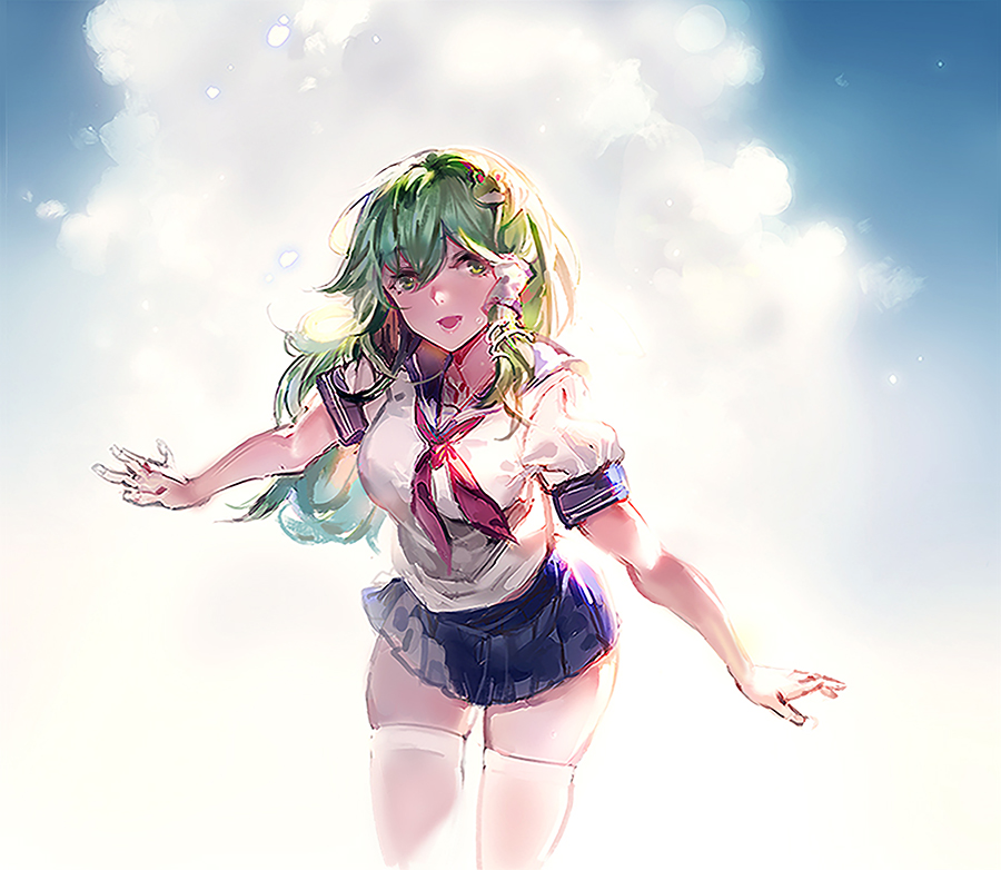 1girl alternate_costume blue_sky breasts clouds cowboy_shot day frog_hair_ornament green_eyes green_hair hair_ornament kishiyo kochiya_sanae large_breasts neckerchief open_mouth outstretched_arms puffy_short_sleeves puffy_sleeves revision school_uniform serafuku shirt short_sleeves skindentation skirt sky smile snake_hair_ornament solo thigh-highs touhou uniform white_legwear zettai_ryouiki