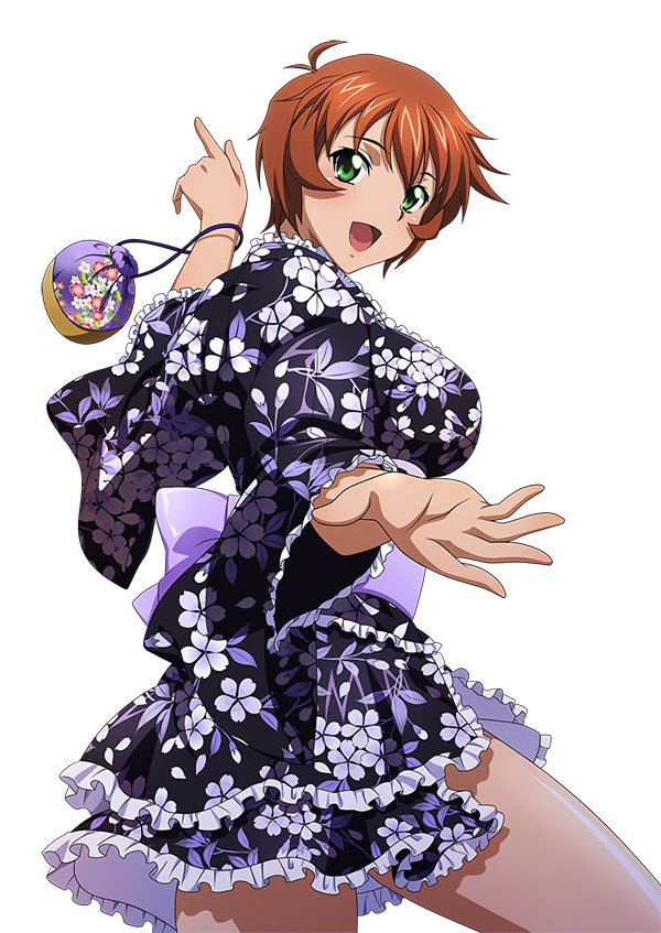 1girl :d chinkyuu_koudai cowboy_shot floral_print frilled_kimono frills green_eyes holding ikkitousen japanese_clothes kimono looking_at_viewer official_art open_mouth outstretched_arm pouch redhead short_hair simple_background sleeves_past_wrists smile solo white_background yukata