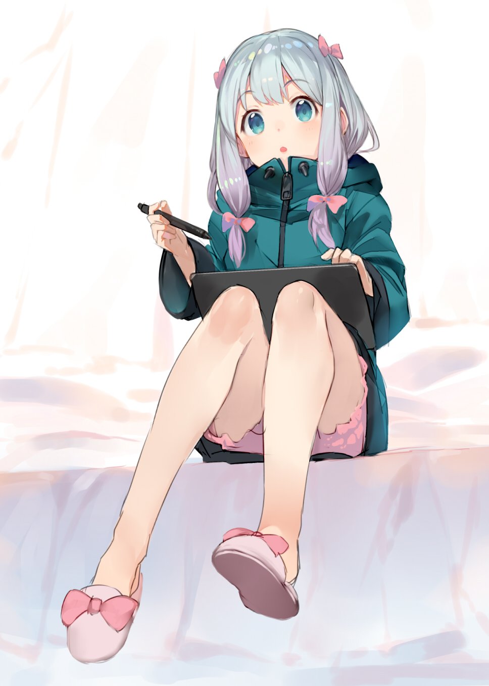 1girl bangs bed blue_eyes blunt_bangs bow commentary_request eromanga_sensei eyebrows_visible_through_hair hair_bow highres holding holding_pen izumi_sagiri jacket legs long_hair looking_at_viewer on_bed open_mouth pants pink_bow pink_pants ribbon shirabi_(life-is-free) silver_hair sitting sitting_on_bed slippers solo stylus tablet white_background zipper
