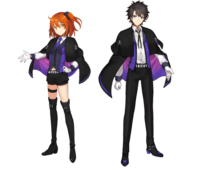 1boy 1girl black_hair blue_eyes bolo_tie cape capelet fate/grand_order fate_(series) fujimaru_ritsuka_(female) fujimaru_ritsuka_(male) full_body gloves hair_intakes hand_on_hip looking_at_viewer necktie official_style one_side_up orange_hair purple_necktie scrunchie shorts simple_background smile standing thigh_strap transparent_background uniform uraha white_gloves yellow_eyes