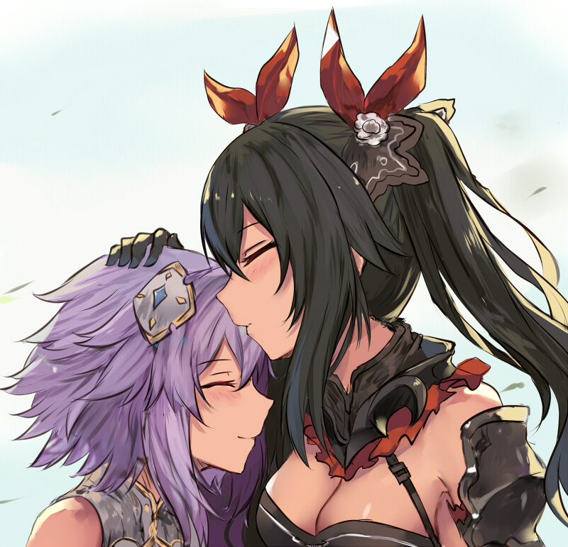 2girls armor bare_shoulders black_gloves black_hair blush breasts choujigen_game_neptune cleavage closed_eyes closed_mouth female forehead_kiss four_goddesses_online:_cyber_dimension_neptune friends gloves hair_between_eyes hair_ornament hair_ribbon hairpods hand_on_another's_head head_grab kiss lavender_hair long_hair medium_breasts multiple_girls mutual_yuri neptune_(choujigen_game_neptune) neptune_(series) noire purple_hair red_ribbon ribbon short_hair sleeveless smile twintails upper_body white_crow yuri