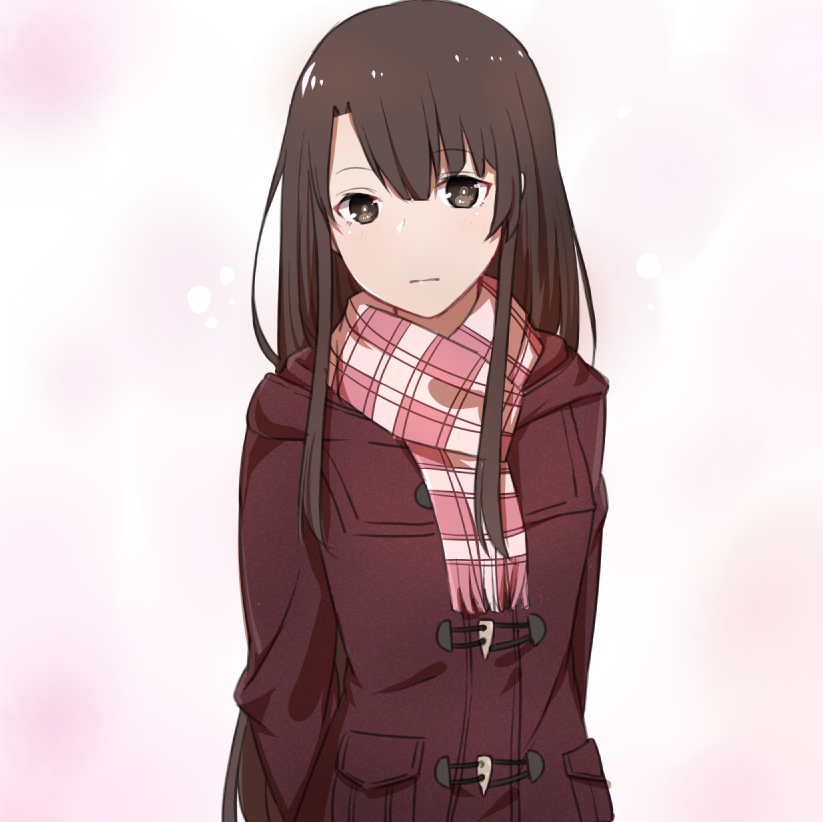 1girl arms_behind_back bangs blunt_bangs blush bright_pupils brown_eyes brown_hair checkered checkered_scarf closed_mouth coat commentary duffel_coat expressionless fringe katou_megumi long_hair looking_at_viewer original pink_background pink_scarf pocket red_coat saenai_heroine_no_sodatekata scarf sidelocks simple_background smile solo upper_body xiu_jiayihuizi