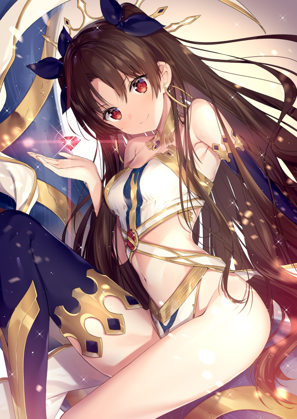 1girl asymmetrical_legwear asymmetrical_sleeves bare_shoulders black_hair breasts bridal_gauntlets crown earrings elbow_gloves fate/grand_order fate_(series) gloves heavenly_boat_maanna hoop_earrings ishtar_(fate/grand_order) jewelry knee_up long_hair looking_at_viewer medium_breasts navel necomi_(gussan) pelvic_curtain red_eyes single_elbow_glove single_thighhigh thigh-highs thighs tohsaka_rin toosaka_rin two_side_up