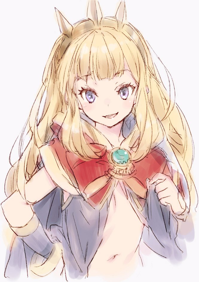 1girl bangs blonde_hair blush bracelet cagliostro_(granblue_fantasy) cape crown eyebrows_visible_through_hair granblue_fantasy hairband hand_on_hip jewelry kawata_hisashi long_hair looking_at_viewer navel open_mouth simple_background sketch smile solo violet_eyes white_background