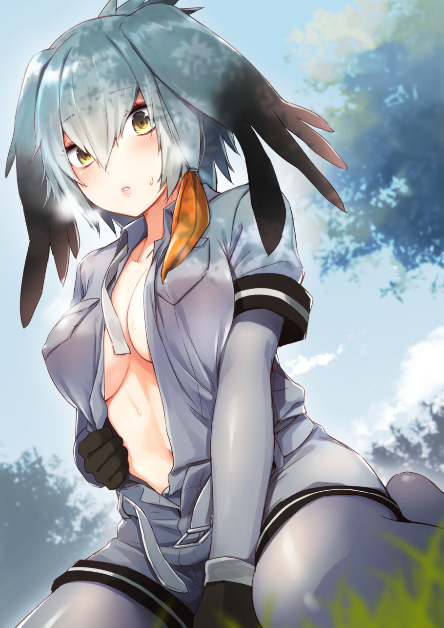 1girl bangs belt black_gloves black_hair blue_sky blush breasts breath collared_shirt commentary_request day erect_nipples eyebrows_visible_through_hair gloves grey_hair grey_legwear grey_shirt grey_shorts hair_between_eyes head_wings highres kemono_friends long_hair looking_at_viewer low_ponytail medium_breasts multicolored_hair necktie open_clothes open_shirt outdoors pantyhose parted_lips shirt shoebill_(kemono_friends) short_sleeves shorts side_ponytail sky solo umakuchi_shouyu_(into-rain) wing_collar yellow_eyes