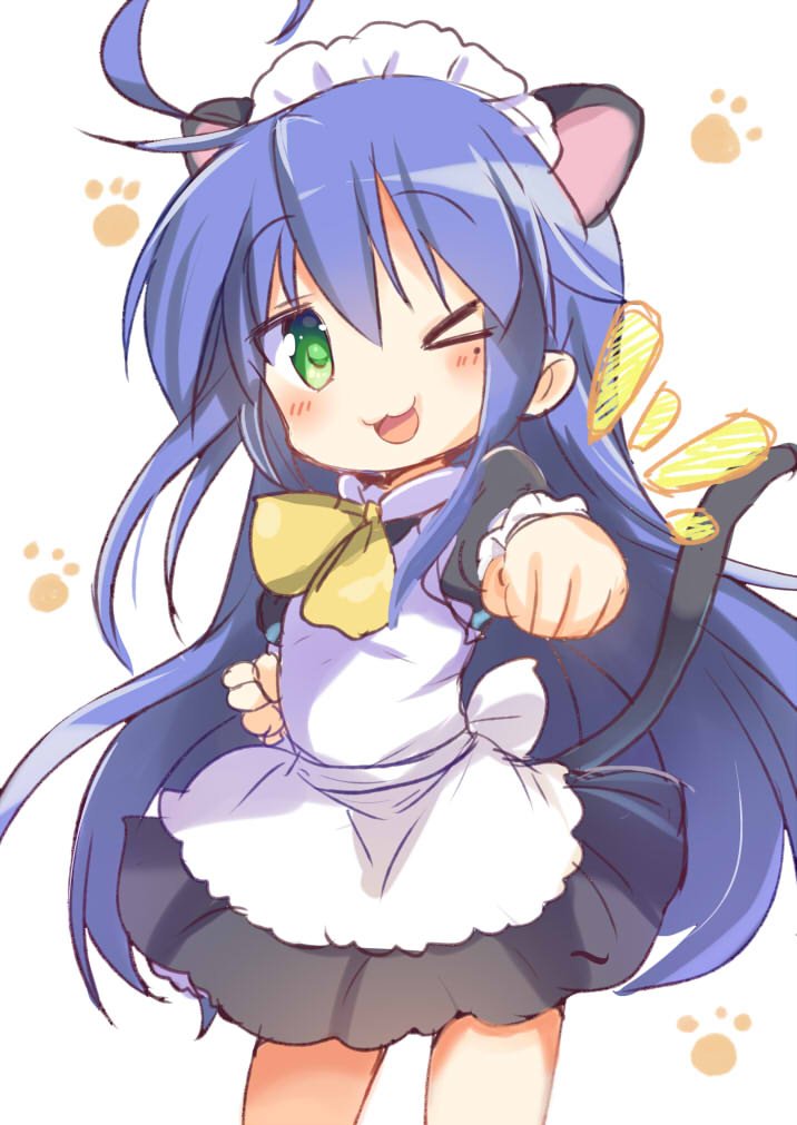 1girl :3 ahoge animal_ears blue_hair cat_ears cat_tail clenched_hand commentary green_eyes izumi_konata long_hair lucky_star maid mole mole_under_eye one_eye_closed punching punching_at_viewer solo tail tatsunokosso white_background