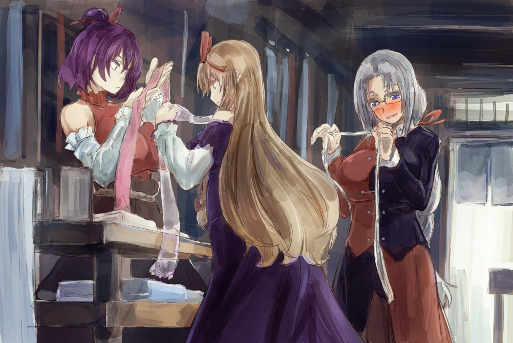 3girls bare_shoulders blonde_hair blue_eyes blush braid breasts detached_sleeves dress fundoshi glasses hair_bun hair_ribbon impossible_clothes impossible_dress japanese_clothes large_breasts long_hair multiple_girls no_hat no_headwear open_mouth purple_dress purple_hair ribbon see-through short_hair silver_hair single_braid skirt skirt_set smile touhou yagokoro_eirin yakumo_yukari yasaka_kanako yohane