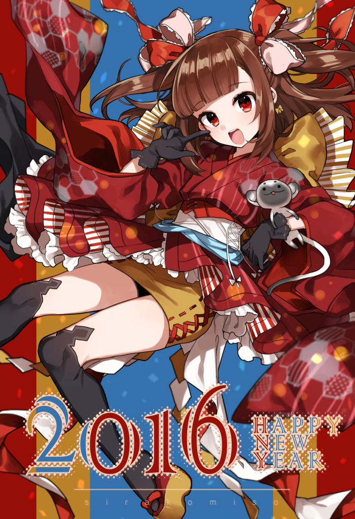 1girl 2016 :d bangs black_legwear blunt_bangs brown_hair brown_skirt eyebrows_visible_through_hair hair_ornament happy_new_year japanese_clothes kimono kimono_skirt long_hair looking_at_viewer new_year obi open_mouth original over-kneehighs red_eyes red_kimono sash shirako_miso short_kimono skirt smile solo teeth thigh-highs thighs two_side_up wide_sleeves year_of_the_monkey