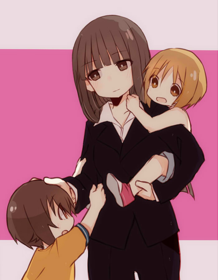 3girls bangs black_jacket blunt_bangs brown_eyes brown_hair collared_shirt cowboy_shot formal fud girls_und_panzer hand_on_another's_head jacket light_smile long_hair long_sleeves looking_at_another mother_and_daughter multiple_girls nishizumi_maho nishizumi_miho nishizumi_shiho open_mouth orange_shirt pant_suit piggyback shirt short_hair short_sleeves siblings sisters smile standing suit white_shirt younger