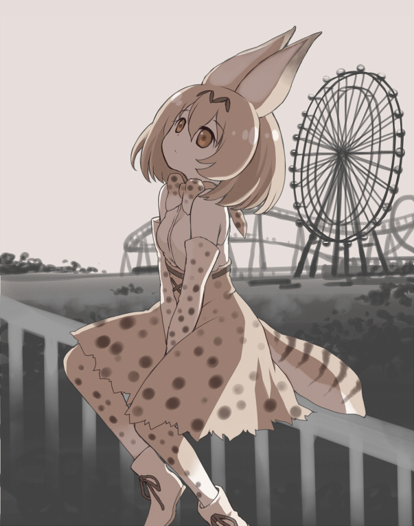 1girl amusement_park animal_ears bare_shoulders belt between_legs boku_no_friend boots bow bowtie brown_ribbon cross-laced_clothes dot_nose elbow_gloves eyebrows_visible_through_hair fence ferris_wheel from_side gloves ground hair_between_eyes hand_between_legs kawanobe kemono_friends light_brown_eyes lonely looking_away looking_up monochrome_background muted_color orange_hair outdoors ribbon roller_coaster sad serval_(kemono_friends) serval_ears serval_print serval_tail shirt shoe_ribbon short_hair sitting sitting_on_fence skirt sleeveless sleeveless_shirt solo spot_color striped_tail tail thigh-highs tree white_boots white_footwear white_shirt