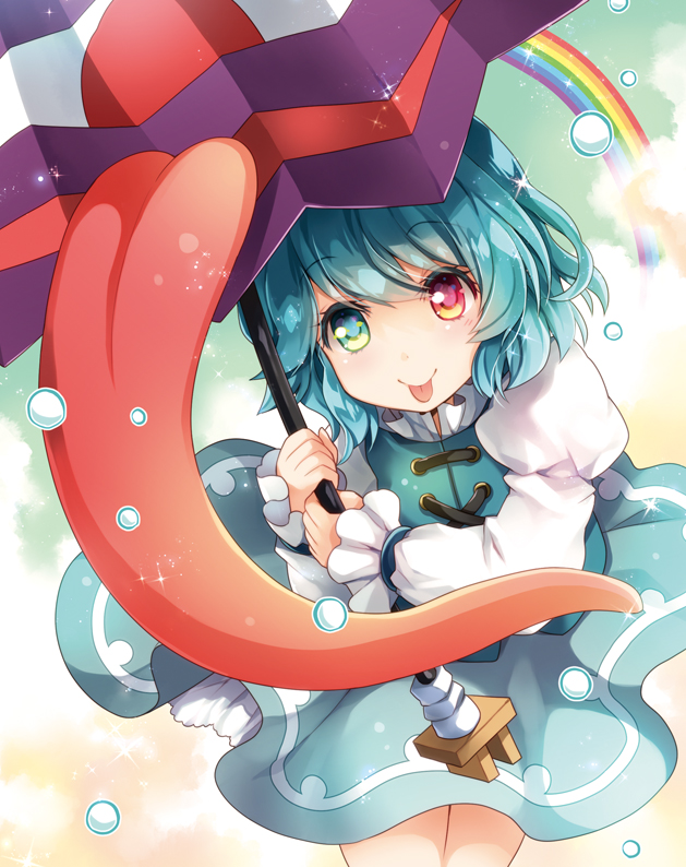 1girl :p bangs blue_eyes blue_hair blue_skirt blue_vest clouds cloudy_sky commentary_request cowboy_shot day eyebrows_visible_through_hair frilled_sleeves frills geta green_sky heterochromia holding holding_umbrella karakasa_obake leaning_forward legs_together long_sleeves long_tongue looking_at_viewer outdoors petticoat puffy_sleeves rainbow red_eyes short_hair skirt sky smile solo sparkle standing tatara_kogasa tongue tongue_out touhou umbrella vest water_drop wind wind_lift yamadori_ofuu