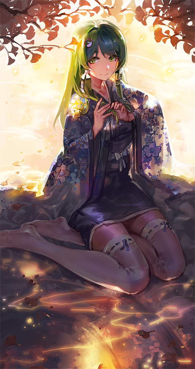 1girl floral_print frog_hair_ornament green_eyes green_hair hair_ornament highres japanese_clothes kimono kishiyo kochiya_sanae long_hair long_sleeves obi revision sash short_kimono sitting snake_hair_ornament solo thigh-highs thigh_strap touhou wide_sleeves zettai_ryouiki