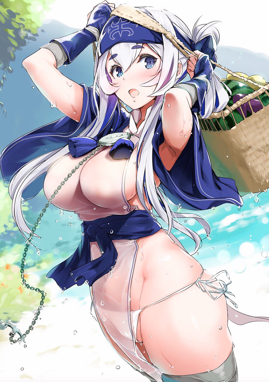1girl anchor armpit_peek armpits arms_up basket blue_eyes breasts chains covered_navel dutch_angle eyebrows_visible_through_hair folded_ponytail food fruit glint hair_between_eyes headband highres impossible_clothes japanese_clothes kamoi_(kantai_collection) kantai_collection large_breasts looking_at_viewer nylon obi open_mouth outdoors panties pelvic_curtain sash see-through side-tie_panties sidelocks silver_hair solo string_panties thick_eyebrows thigh-highs underwear water_drop watermelon wet wet_clothes white_panties