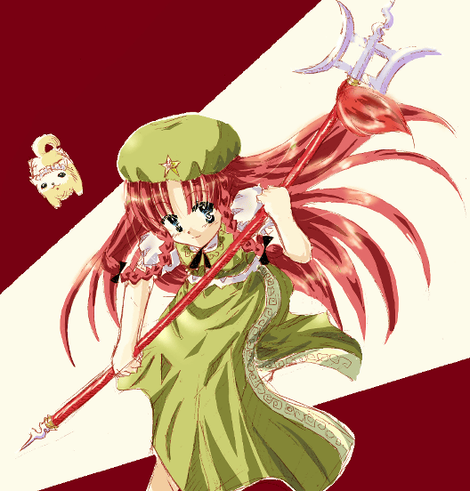 1girl blue_eyes blush bow braid china_dress chinese_clothes dog dress female hair_bow hat hong_meiling polearm redhead smile solo spear star the_embodiment_of_scarlet_devil touhou twin_braids weapon
