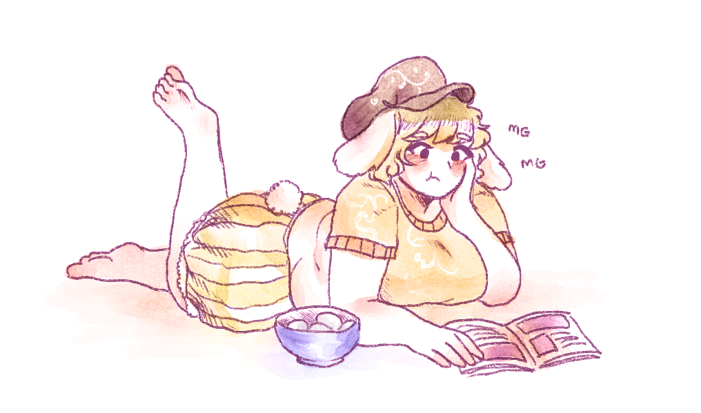 1girl animal_ears barefoot blush bowl breasts bunny_tail cabbie_hat dango eating fat fat_folds floppy_ears food hat large_breasts lying magazine mg_mg on_stomach orz_(kagewaka) plump rabbit_ears reading ringo_(touhou) shirt shorts soles solo tail thick_eyebrows touhou wagashi