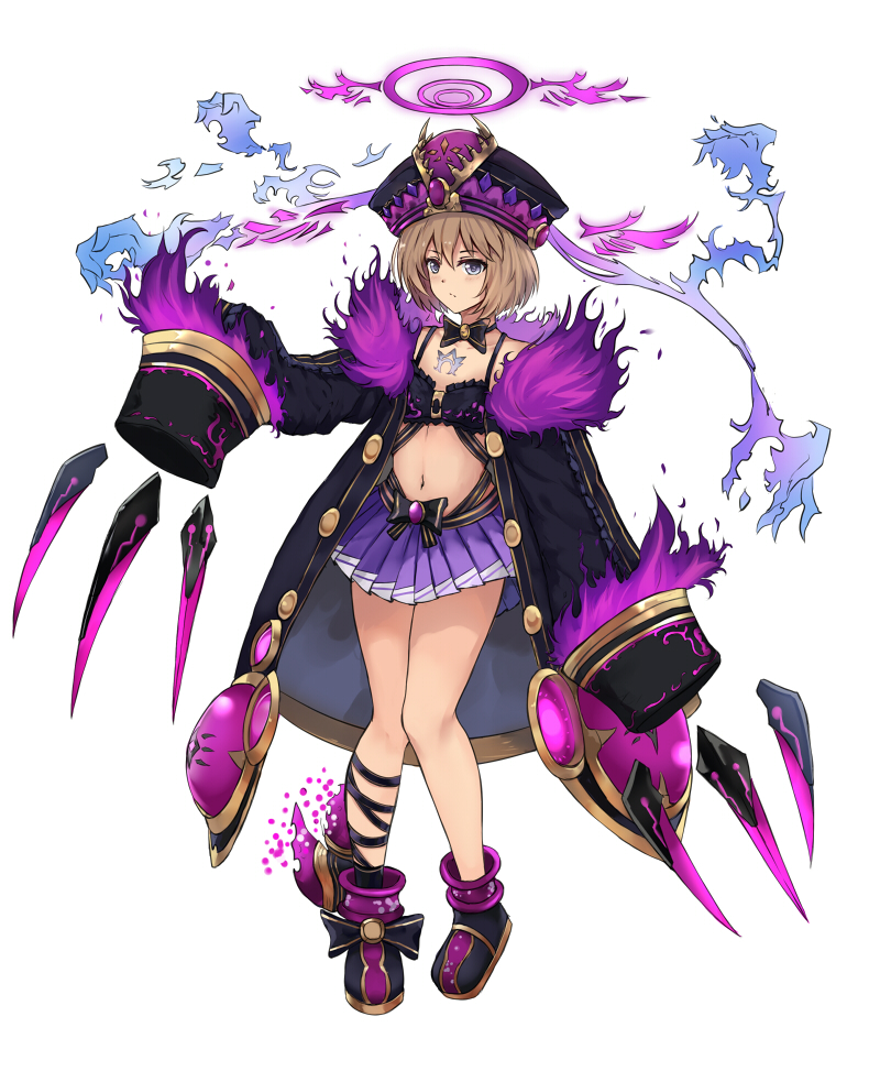 1girl bare_shoulders blanc blanc_(chaos_form) blue_eyes blush brown_hair claws coat dark_persona fire halo hat looking_at_viewer midriff navel nepnep_connect:_chaos_chanpuru neptune_(series) overcoat short_hair skirt sleeves_past_wrists solo tattoo white_crow wide_sleeves