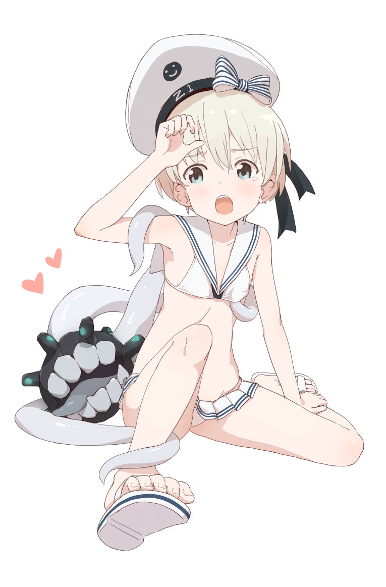 1girl bikini blonde_hair blue_eyes clothes_writing coupon_(skyth) enemy_naval_mine_(kantai_collection) feet hat heart kantai_collection sailor_bikini sailor_collar sailor_hat short_hair simple_background solo swimsuit toes white_background white_bikini white_hat white_sailor_collar z1_leberecht_maass_(kantai_collection)