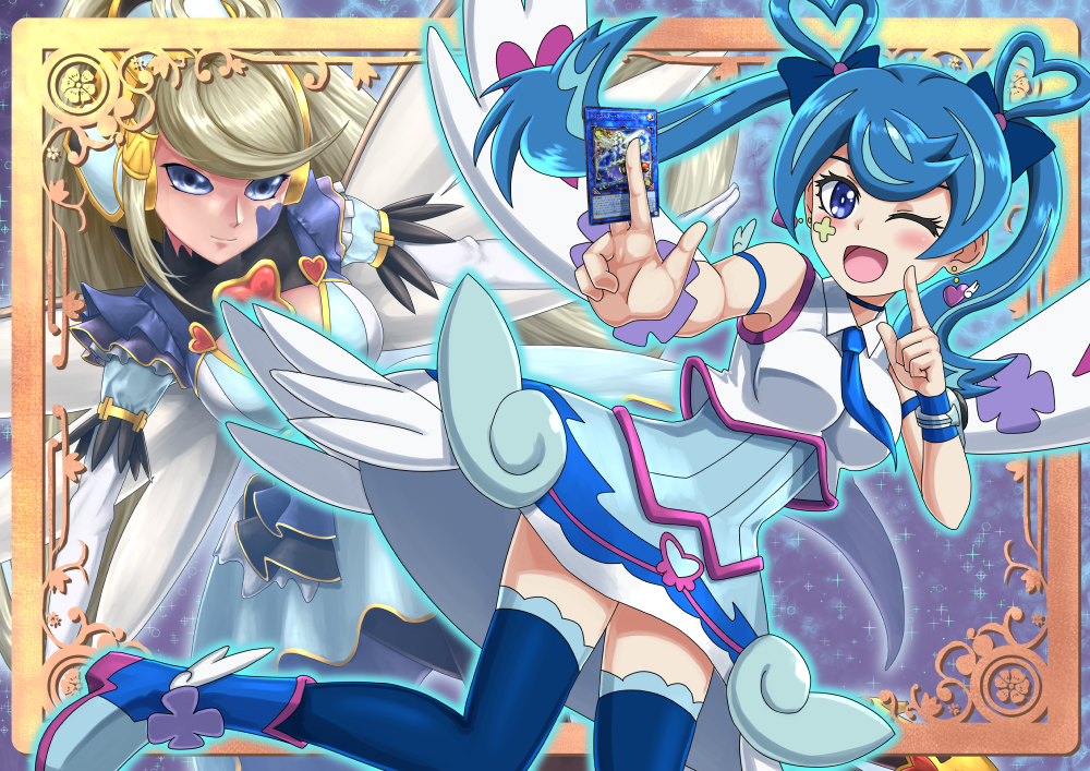 blonde_hair blue_angel blue_hair card commentary_request dorumam duel_monster earrings facial_tattoo jewelry tattoo thigh-highs trickster_holy_angel twintails wand wings yu-gi-oh! yuu-gi-ou_vrains zaizen_aoi