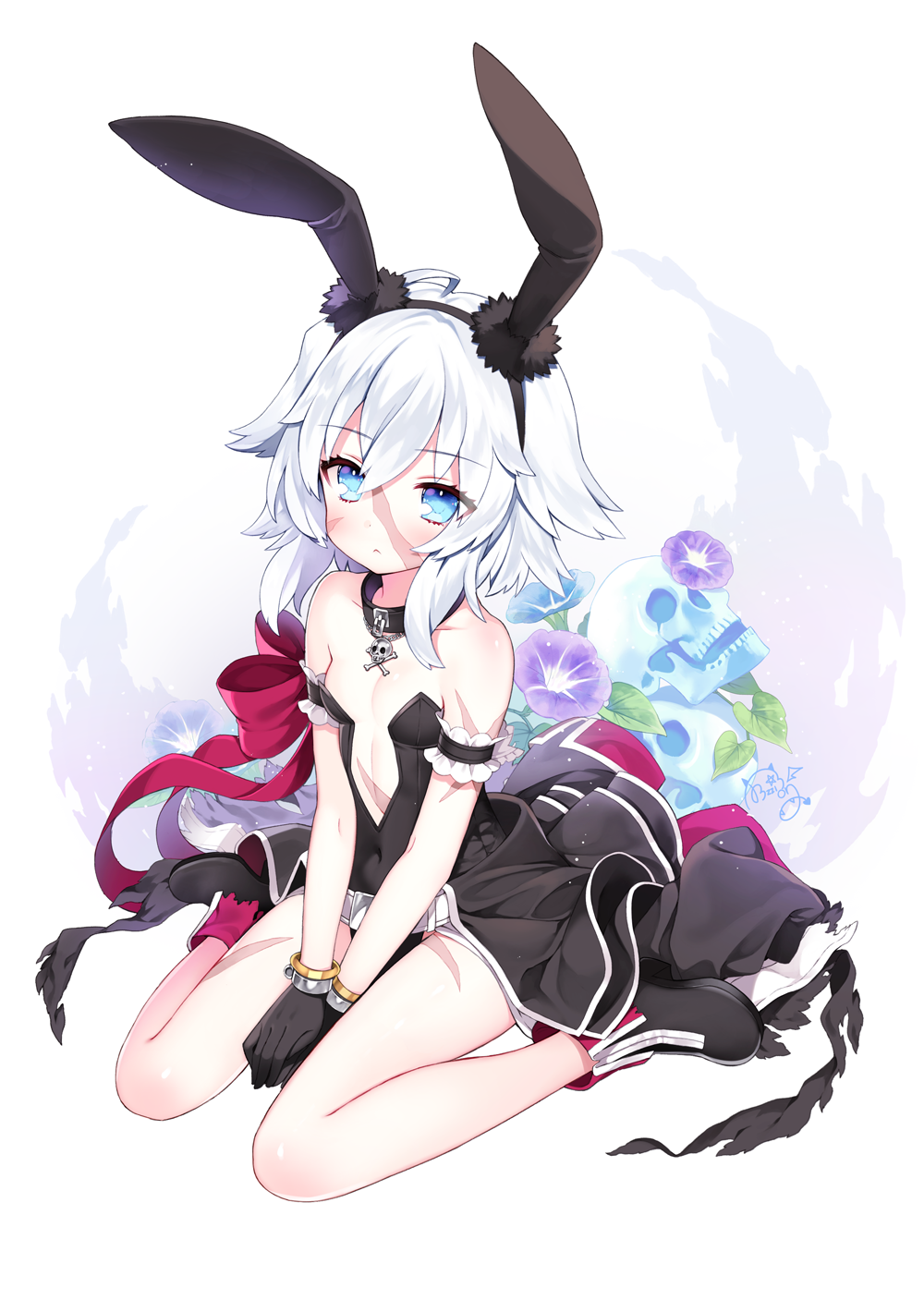 1girl animal_ears arm_garter bangs bare_legs bare_shoulders between_legs black_boots black_dress black_gloves blue_eyes blush boots bracelet byulzzimon closed_mouth collar dress eyebrows_visible_through_hair fate/grand_order fate_(series) floral_background gloves hair_between_eyes hand_between_legs highres jewelry mary_read_(fate/grand_order) rabbit_ears scar sidelocks silver_hair sitting skull_and_crossbones solo wavy_hair white_hair