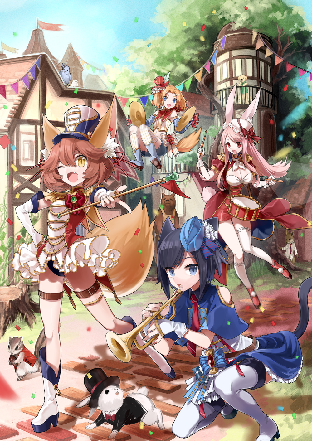 &gt;;d 4girls ;d animal_ears baton bird black_hair blue_eyes blue_skirt boots breasts bunny_girl bunny_tail capelet cat_ears cat_girl cat_tail cleavage cymbals day detached_sleeves drumsticks elbow_gloves fang floating_hair fox fox_ears fox_girl fox_tail garrison_cap gloves hand_up hat highres holding holding_instrument house instrument knee_boots kneehighs marching_band marching_band_baton md5_mismatch medium_breasts mini_hat mismatched_legwear multiple_girls one_eye_closed open_mouth original outdoors path pennant pink_hair rabbit rabbit_ears ribbed_legwear road shirako_miso short_hair single_kneehigh single_thighhigh skirt smile snare_drum squirrel tail thigh-highs thigh_strap tree_stump trumpet white_boots white_gloves white_legwear wrist_cuffs yellow_eyes