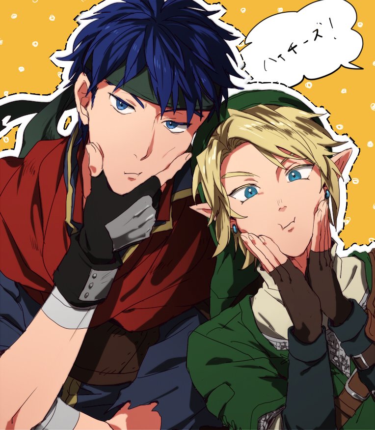 2boys azkn blonde_hair blue_eyes blue_hair fingerless_gloves fire_emblem fire_emblem:_souen_no_kiseki gloves hat headband ike link looking_at_viewer male_focus multiple_boys pointy_ears short_hair smile super_smash_bros. the_legend_of_zelda the_legend_of_zelda:_twilight_princess translated