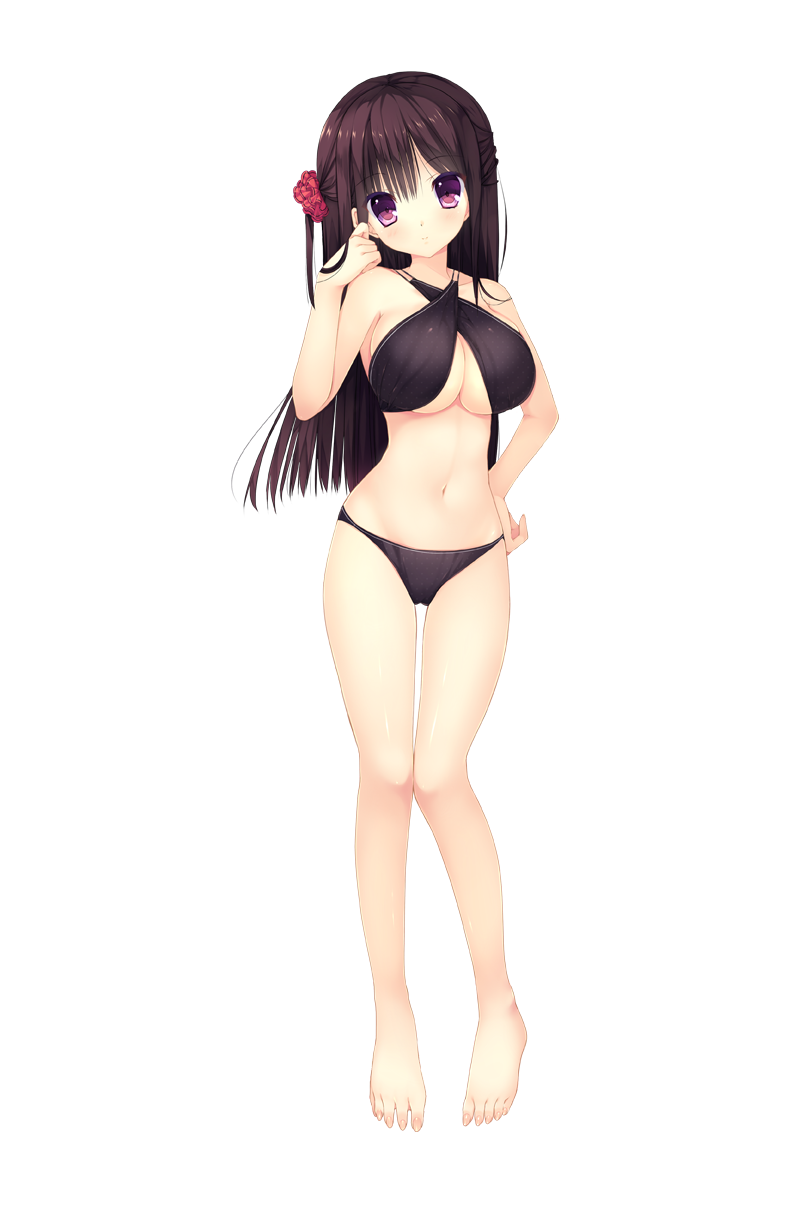 1girl bangs bare_shoulders barefoot bikini black_bikini breasts brown_hair cleavage eyebrows_visible_through_hair feet full_body hand_on_hip haruoto_alice_gram highres large_breasts long_hair looking_at_viewer mitha navel official_art rindou_yaya solo standing swimsuit takanae_kyourin toes transparent_background violet_eyes
