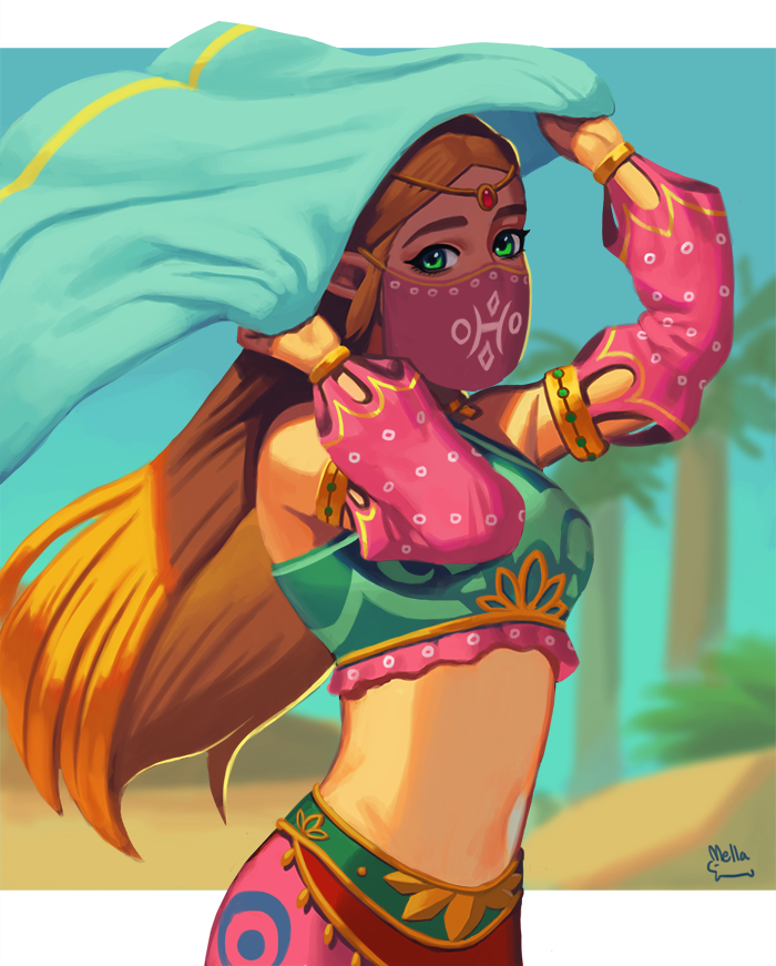 1girl alternate_costume blonde_hair blue_eyes blush breasts cosplay detached_sleeves earrings gerudo_link green_eyes hair_ornament jewelry long_hair looking_at_viewer midriff navel pointy_ears princess_zelda see-through solo stomach the_legend_of_zelda the_legend_of_zelda:_breath_of_the_wild veil