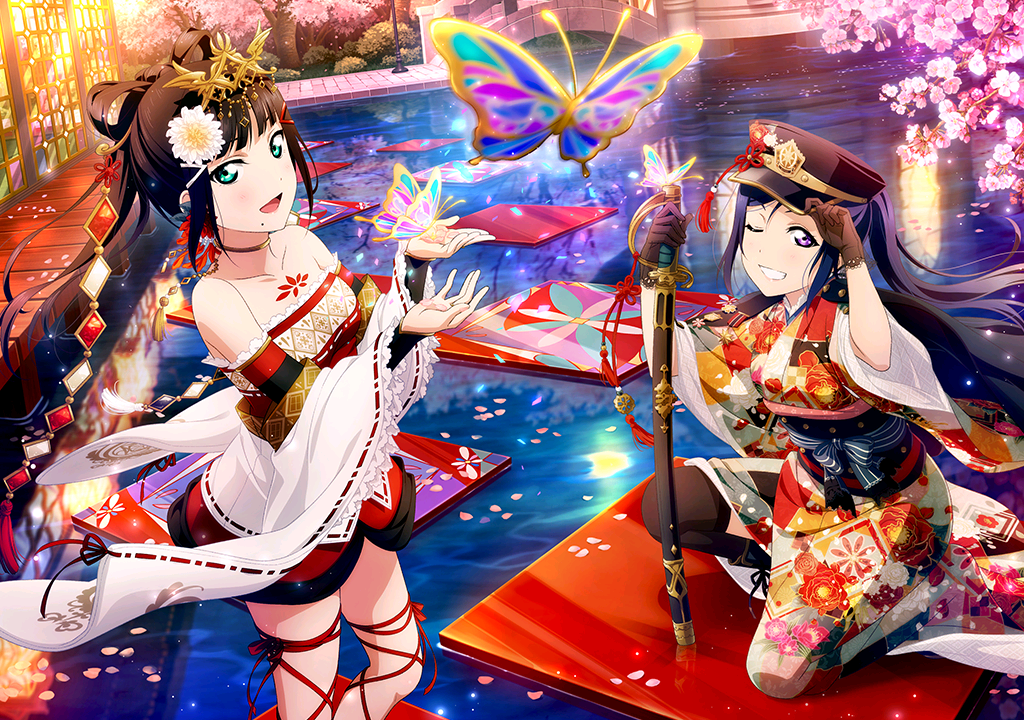 2girls alternate_hairstyle artist_request bangs bare_shoulders black_hair blue_hair blunt_bangs blush boots bridge butterfly cherry_blossoms choker collarbone detached_sleeves flower frills garden grin hair_flower hair_ornament hairclip hat japanese_clothes kurosawa_dia long_hair looking_at_viewer love_live! love_live!_school_idol_festival love_live!_sunshine!! matsuura_kanan mole mole_under_mouth multiple_girls official_art one_eye_closed open_mouth petals ponytail smile sword tattoo thigh-highs tied_hair violet_eyes water weapon wide_sleeves