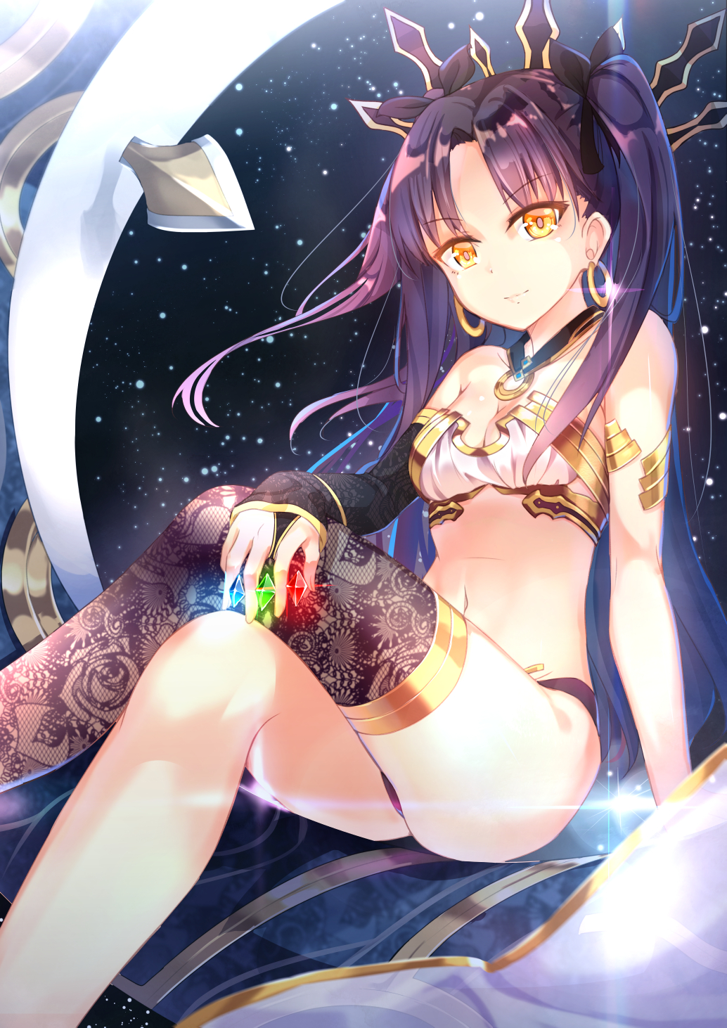 1girl armlet asymmetrical_clothes bare_shoulders black_hair breasts cleavage crown earrings elbow_gloves fate/grand_order fate_(series) gloves hair_ribbon heavenly_boat_maanna highres hoop_earrings ishtar_(fate/grand_order) jewelry long_hair looking_at_viewer navel revision ribbon single_elbow_glove single_thighhigh small_breasts solo thigh-highs tohsaka_rin toosaka_rin yan_(nicknikg)