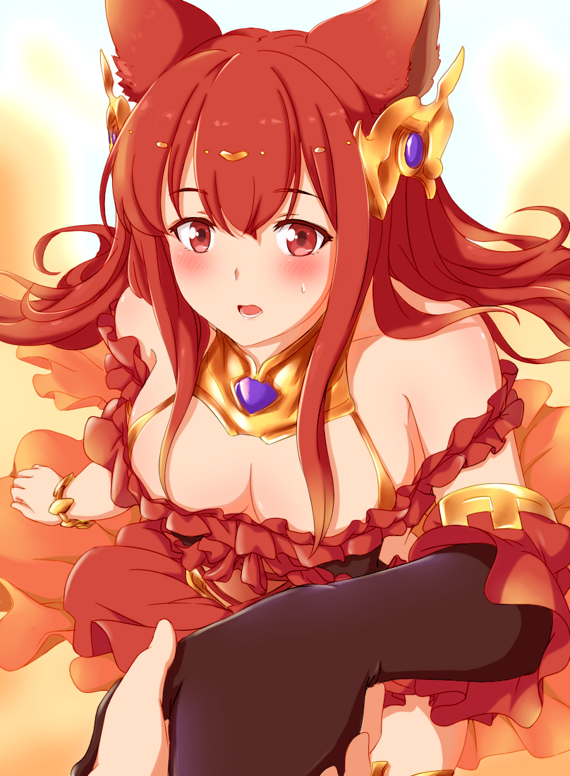 1girl :o animal_ears anthuria black_gloves blush bracelet breasts cleavage detached_sleeves dress elbow_gloves erun_(granblue_fantasy) gloves granblue_fantasy hair_ornament hand_holding jewelry large_breasts long_hair off_shoulder outstretched_hand pov pov_hands red_dress red_eyes redhead single_elbow_glove solo_focus summoo sweatdrop