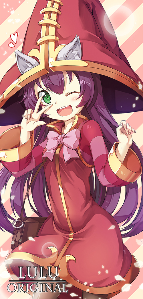 1girl ;d bag blush bow bowtie character_name dress green_eyes hat heart league_of_legends long_hair long_sleeves looking_at_viewer lulu_(league_of_legends) one_eye_closed open_mouth pantyhose pink_bow purple_hair smile solo sora_(dkssud6580) striped striped_background v wizard_hat yordle