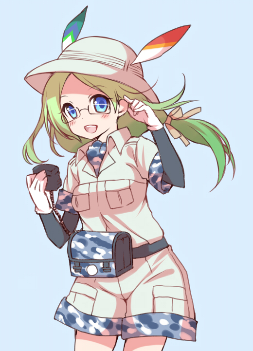 1girl black-framed_eyewear blue_background blue_eyes blush breast_pocket bucket_hat camouflage camouflage_bag cowboy_shot dot_nose eyebrows_visible_through_hair glasses gloves green_hair hair_ornament hair_ribbon hand_in_hair hat hat_feather kawanobe kemono_friends long_hair looking_at_viewer mirai_(kemono_friends) open_mouth pink_ribbon pocket ribbon safari_jacket semi-rimless_glasses short_over_long_sleeves simple_background smile solo teeth under-rim_glasses upper_teeth white_gloves white_hat wind