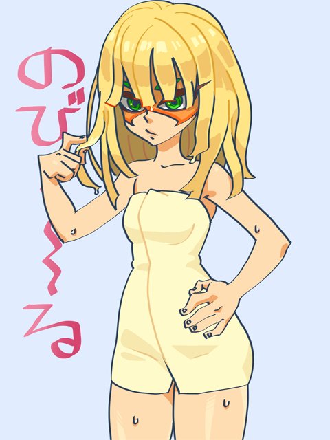 1girl :/ alternate_hair_length alternate_hairstyle arisa_(milky_tossy) arms_(game) bangs bare_arms bare_shoulders blonde_hair blunt_bangs breasts closed_mouth collarbone cowboy_shot domino_mask eyelashes facing_away fingernails green_eyes hair_between_eyes hand_on_hip holding holding_hair humanization index_finger_raised long_hair looking_away mask min_min_(arms) naked_towel simple_background small_breasts solo standing towel water wet wet_hair