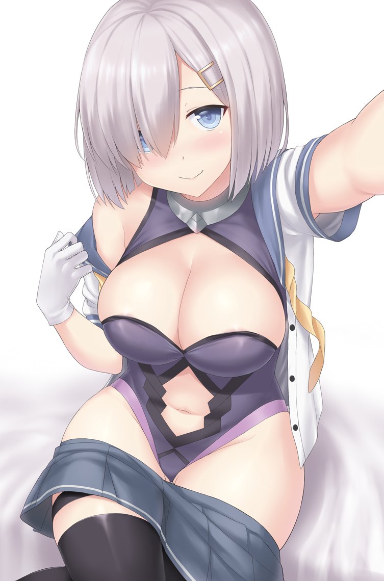 1girl blue_eyes blue_skirt blush bodysuit bodysuit_under_clothes breasts cleavage cleavage_cutout clothes_pull cosplay fate/grand_order fate_(series) gloves hair_ornament hair_over_one_eye hairclip hamakaze_(kantai_collection) kantai_collection large_breasts looking_at_viewer navel open_clothes open_shirt pleated_skirt purple_bodysuit sama_samasa school_uniform serafuku shielder_(fate/grand_order) shielder_(fate/grand_order)_(cosplay) shirt short_hair short_sleeves silver_hair skirt smile solo thigh-highs white_gloves