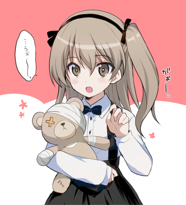 1girl bandage bangs black_bow black_bowtie black_ribbon black_skirt boko_(girls_und_panzer) bow bowtie brown_eyes casual collared_shirt girls_und_panzer hair_ribbon holding layered_skirt light_brown_hair long_hair long_sleeves looking_at_viewer open_mouth ribbon shimada_arisu shirt side_ponytail skirt solo stuffed_animal stuffed_toy suspender_skirt suspenders teddy_bear translated upper_body white_shirt yuukome_(tekunon)