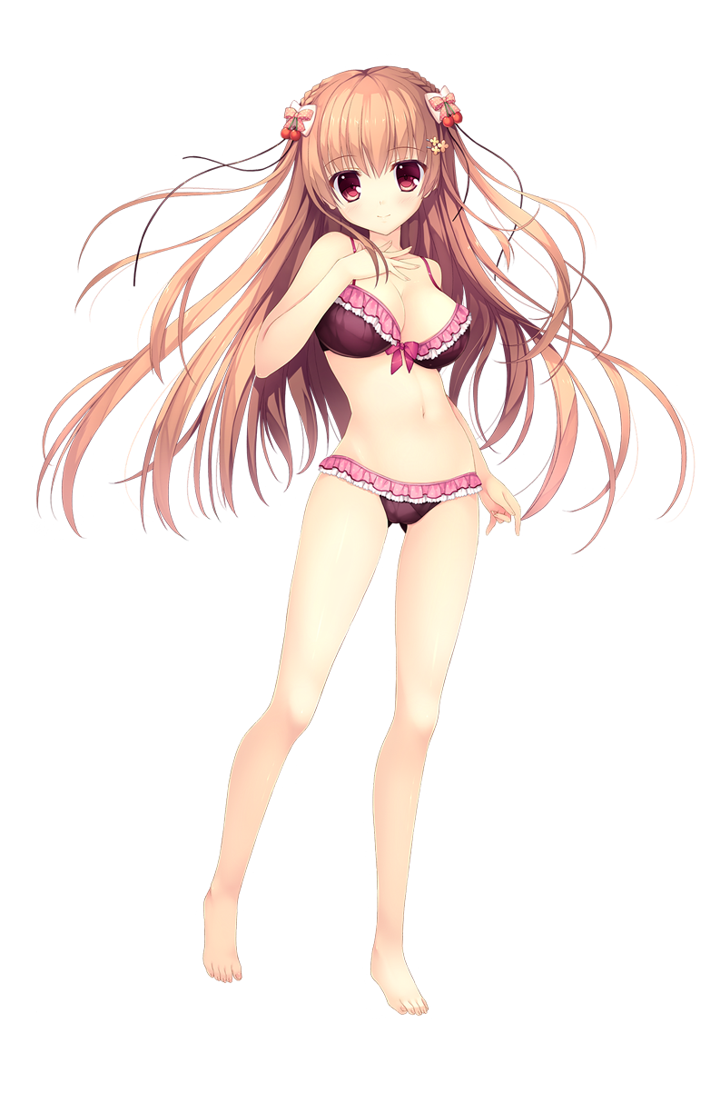 1girl bangs bare_shoulders barefoot bikini blush braid breasts brown_hair cleavage eyebrows_visible_through_hair frills full_body hair_ornament hairclip hand_on_own_chest haruoto_alice_gram highres large_breasts long_hair looking_at_viewer mitha nanao_naru navel official_art red_eyes shirahane_yuuri smile solo standing swimsuit transparent_background