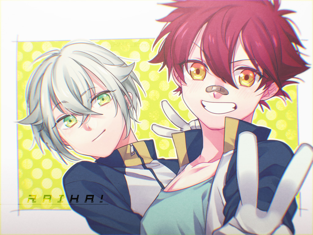 2boys aizen_kunitoshi bandaid bandaid_on_nose gloves green_eyes grey_hair hotarumaru jacket kinoto15 male_focus multiple_boys redhead touken_ranbu track_jacket v yellow_eyes