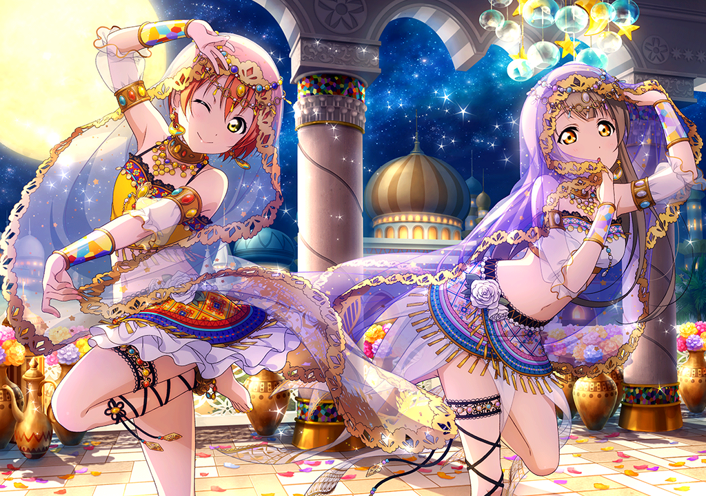 10s 2girls :o ankle_lace-up anklet arabian_clothes artist_request bangs bare_shoulders barefoot breasts brown_hair choker cross-laced_footwear dancer earrings feet flower harem_outfit hoshizora_rin jewelry long_hair looking_at_viewer love_live! love_live!_school_idol_festival love_live!_school_idol_project midriff minami_kotori moon multiple_girls nail_polish navel necklace night night_sky official_art orange_hair petals rose see-through short_hair sky small_breasts smile star toenail_polish yellow_eyes yellow_nails