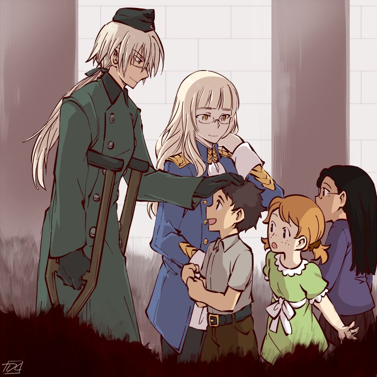 1boy 4girls blonde_hair crutch facial_scar garrison_cap glasses hanna_rudel hat i_crave_dess multiple_girls pantyhose perrine_h_clostermann petting scar strike_witches trench_coat world_witches_series yellow_eyes