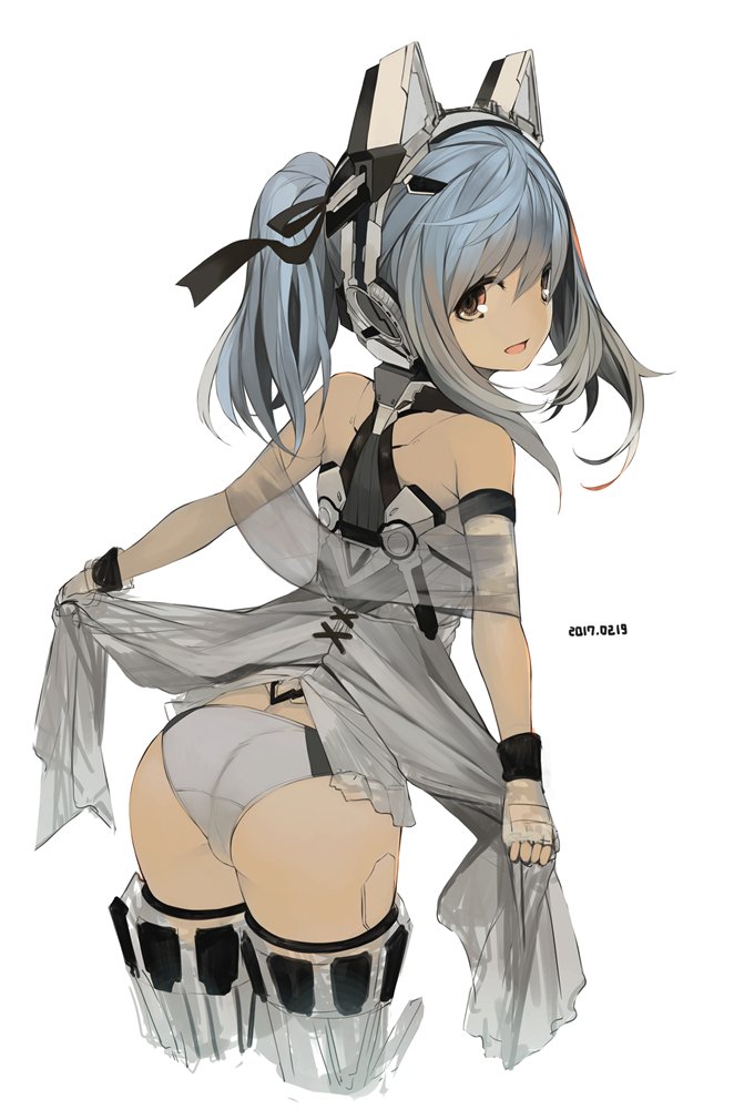 1girl android animal_ears ass bangs blue_hair cowboy_shot cropped_legs dated dimples_of_venus fat_mons fingerless_gloves from_behind gloves looking_at_viewer looking_back open_mouth original panties ponytail rayvon robot_ears sash seams see-through sidelocks solo swept_bangs thigh-highs underwear white_background yellow_eyes