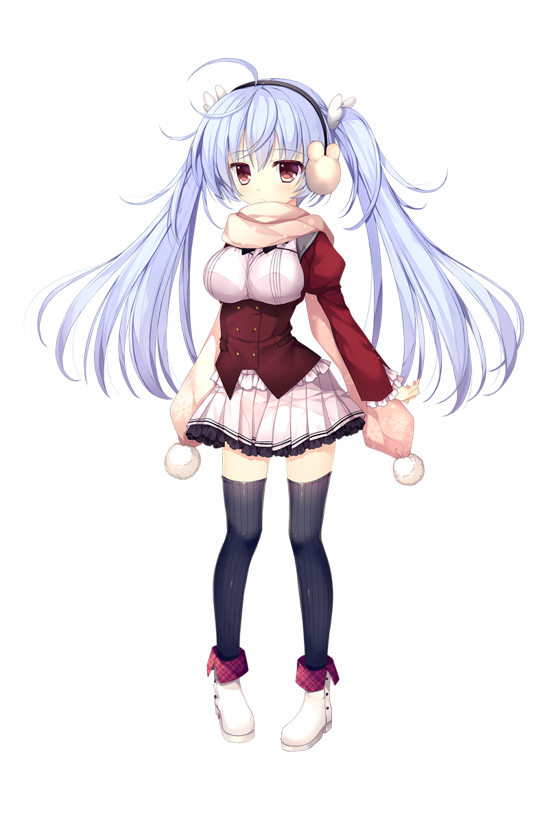 1girl bangs black_legwear blue_hair boots breasts brown_eyes detached_sleeves earmuffs eyebrows_visible_through_hair frills fujino_yuki full_body hair_ornament haruoto_alice_gram highres long_hair long_sleeves medium_breasts mitha nanao_naru official_art scarf school_uniform solo standing thigh-highs transparent_background twintails zettai_ryouiki