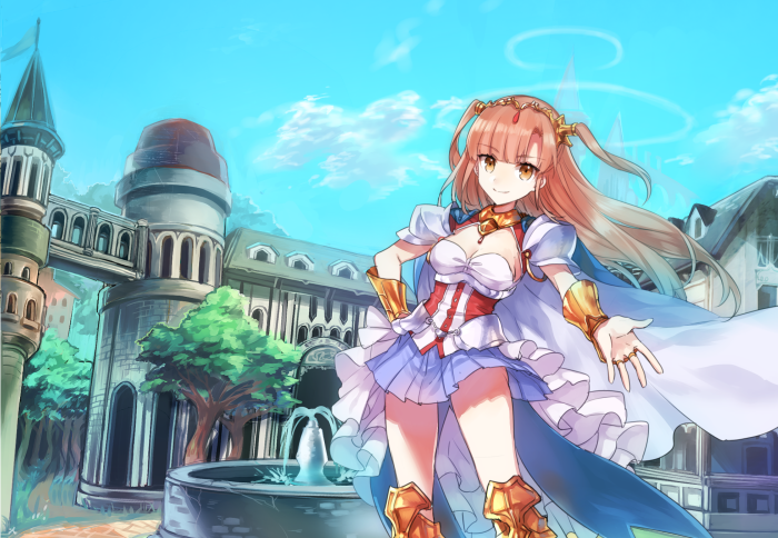 1girl armor armored_boots blue_skirt boots bracer breasts brown_eyes closed_mouth day dress fantasy fountain gradient_hair grey_hair legs_apart light_brown_hair medium_breasts multicolored_hair outdoors outstretched_hand pleated_skirt shirako_miso short_sleeves skirt smile solo standing thighs two_side_up white_dress