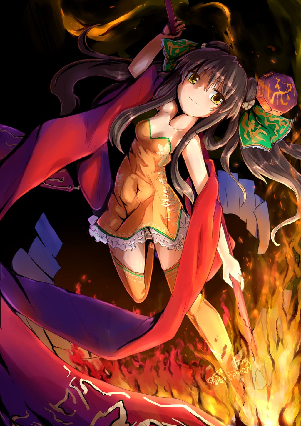 bad_proportions black_background breasts brown_eyes brown_hair daierie double_bun dress fire floral_print frilled_dress frills hair_ornament highres long_hair looking_at_viewer nataku_(sennen_sensou_aigis) orange_dress orange_legwear polearm sennen_sensou_aigis small_breasts spear standing standing_on_one_leg thigh-highs twintails weapon