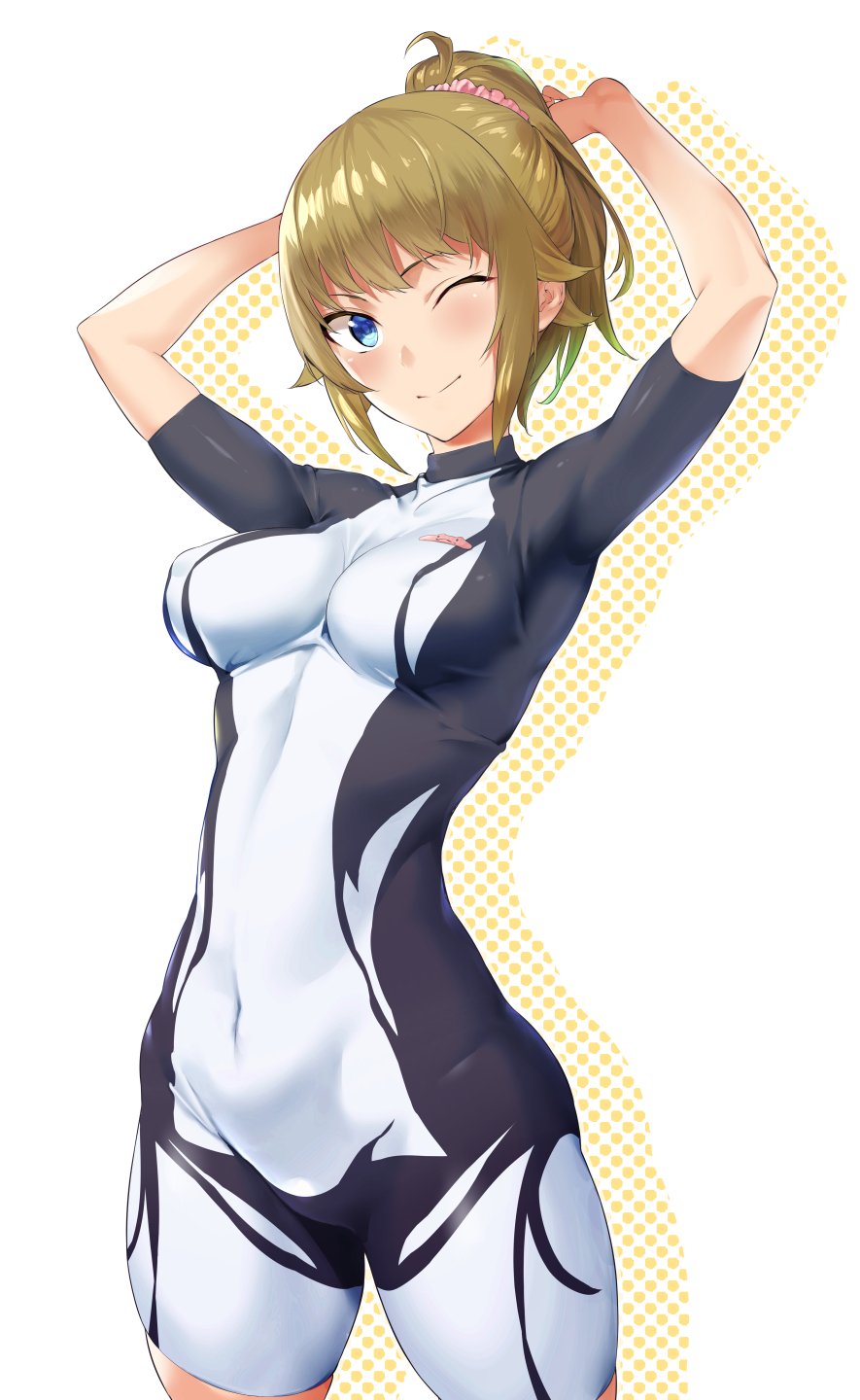 1girl ;) armpits arms_up blue_eyes bodysuit breasts brown_hair covered_navel cowboy_shot gundam gundam_build_fighters hair_ornament hair_scrunchie halftone highres hiiragi_yuuichi hoshino_fumina impossible_clothes impossible_leotard leotard looking_at_viewer medium_breasts one_eye_closed ponytail scrunchie short_sleeves simple_background skin_tight smile solo thighs turtleneck