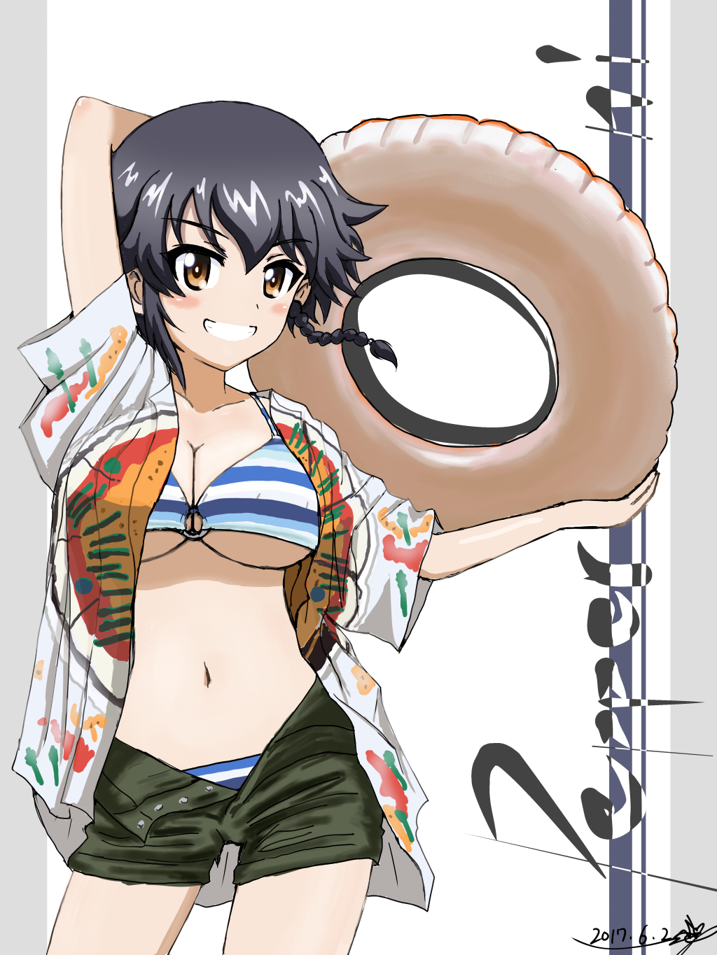 1girl 2017 bikini bikini_under_clothes black_hair braid breasts brown_eyes brown_shorts bukkuri character_name cleavage cowboy_shot dated dress_shirt girls_und_panzer grin hawaiian_shirt highres innertube large_breasts looking_at_viewer navel o-ring_top open_clothes open_fly open_shirt pepperoni_(girls_und_panzer) shirt short_hair shorts side_braid signature smile solo striped striped_bikini swimsuit swimsuit_under_clothes